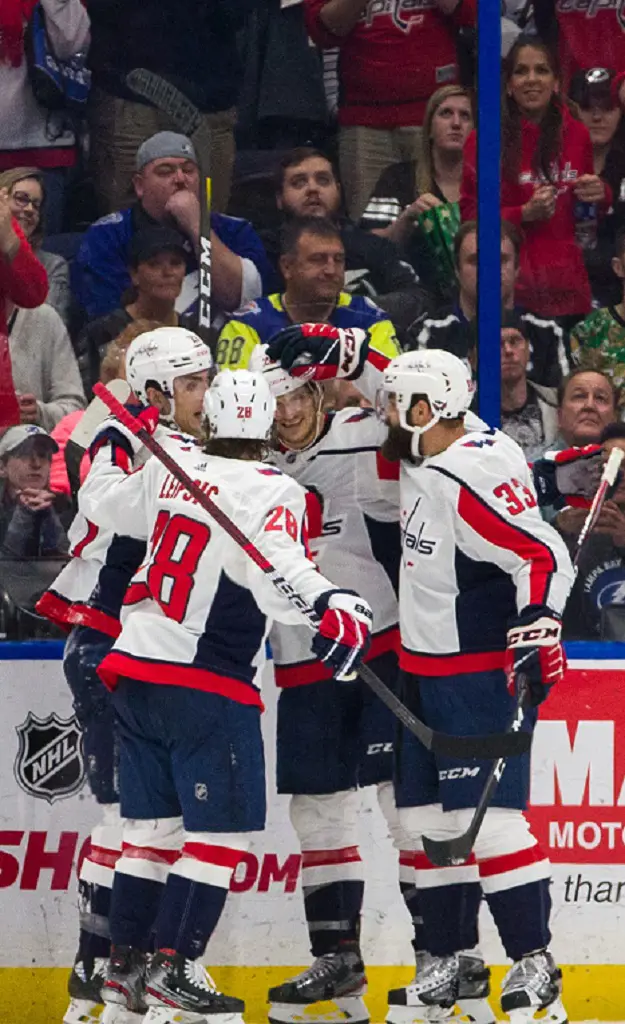The Capitals players cheering each other on the ice rink