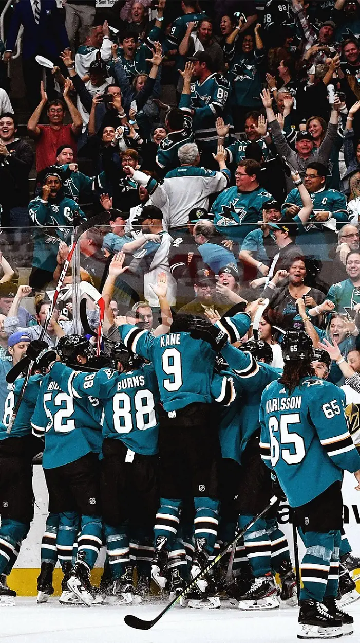 The Sharks interacting with their fans after a match from inside of a rink