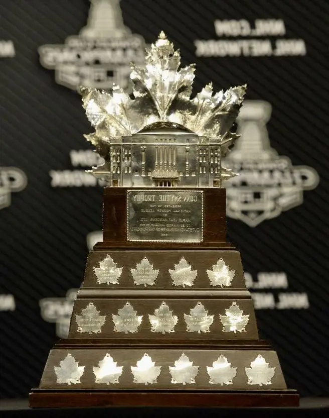 Smythe Trophy with silver Maple Leaf Garden and Leaf nameplates with the name of the Playoff MVPs of each year.