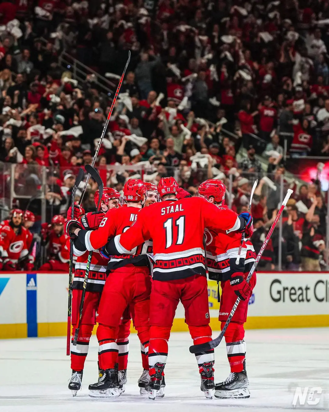The Canes celebrating game win over the New Jersey Devils on May 4, 2023