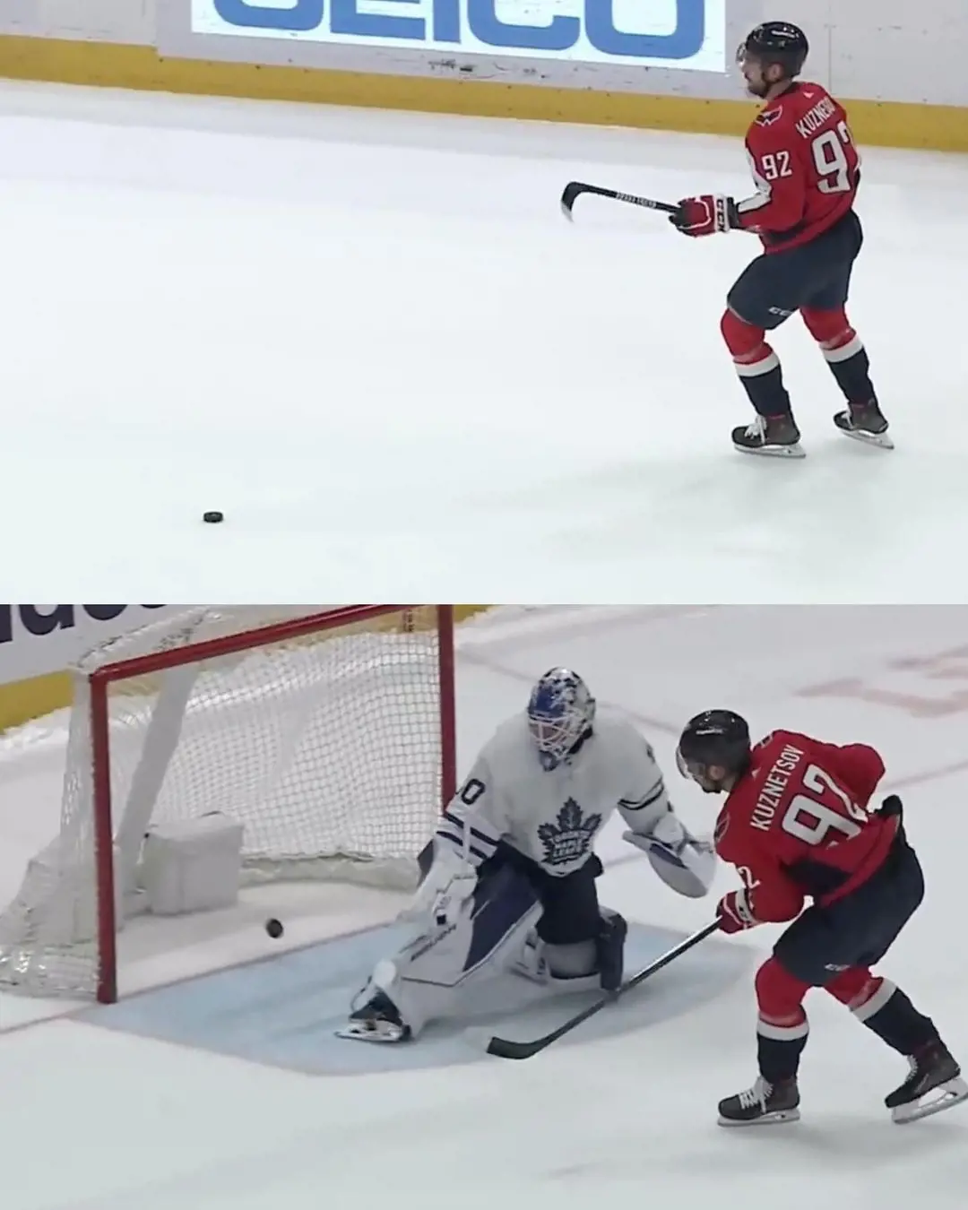 Kuznetsov from the Capitals, scoring a shootout goal against the goaltender of the Maple Leafs.