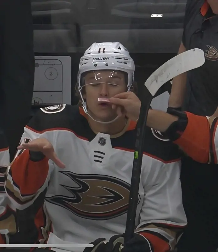 Anheim Ducks center player Trevor Zegras's reaction captured after sniffing smelling salts
