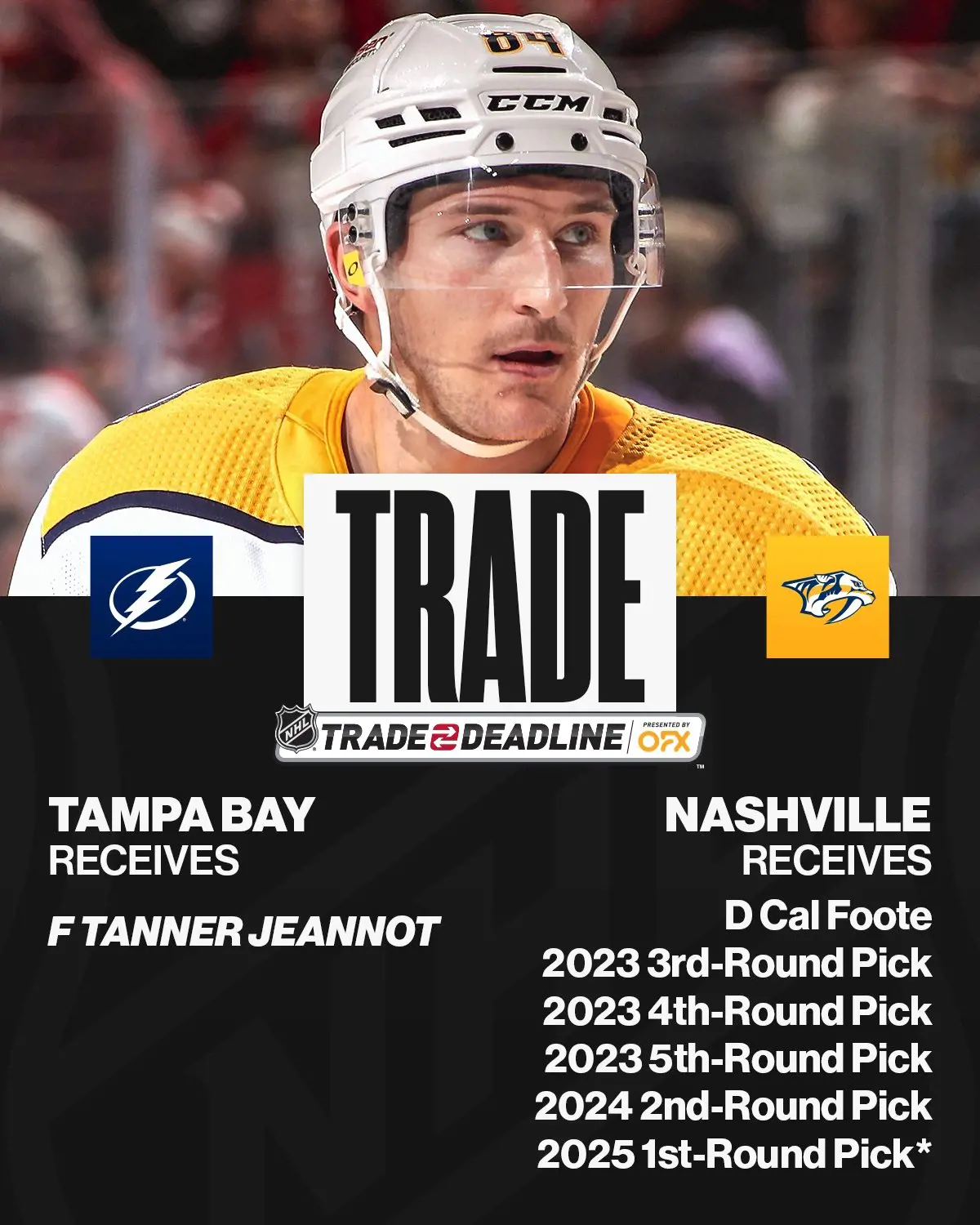 The Lightning acquired Jeannot for defensma Foote and a lot of draft picks including three picks in 2023 and first-round pick in 2025