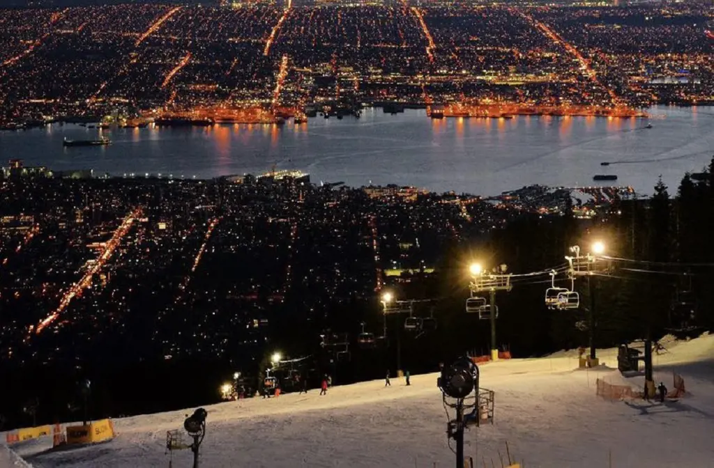 Astonishing view of the city lights at night from the Grouse mountain's skyride in North Vancouver, Canada.