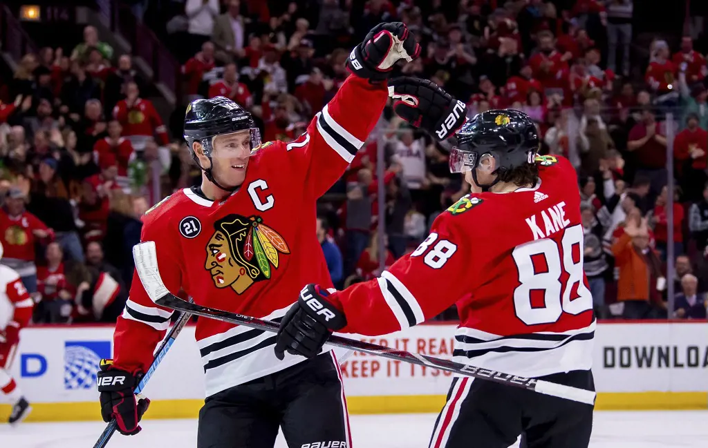 Toews and Kane (right) reached 1000th game milestone in 2022 who last played for the blackhawks in 2023 Stanley cup..