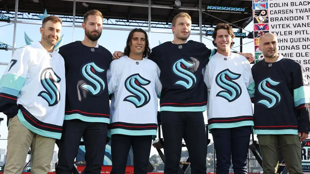 The Kraken players during the NHL Seattle expansion event in 2021