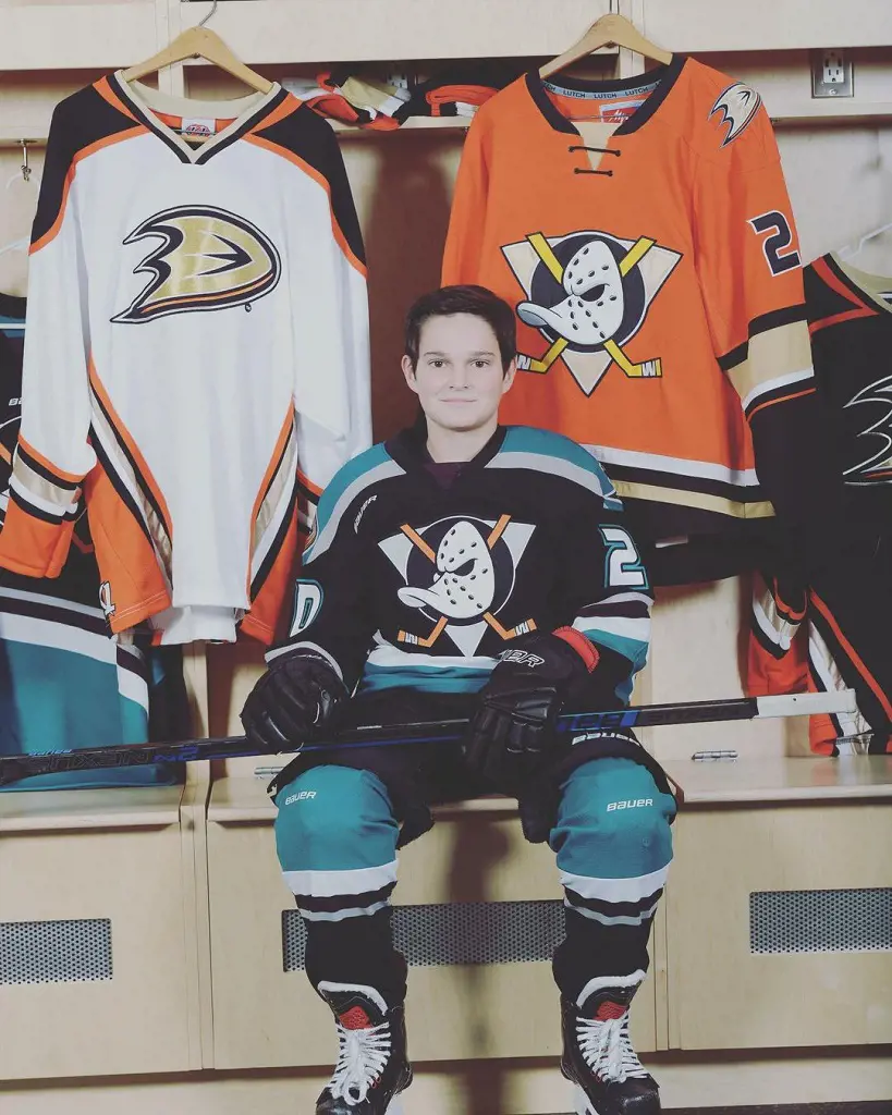 Katie shared a picture of her son, Cole wearing the Anaheim Ducks uniform on November 26, 2019